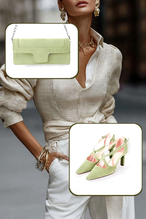 Dress heels closed-back crossed straps in meadow green leather with high slim heels and tapered toe - Worn view